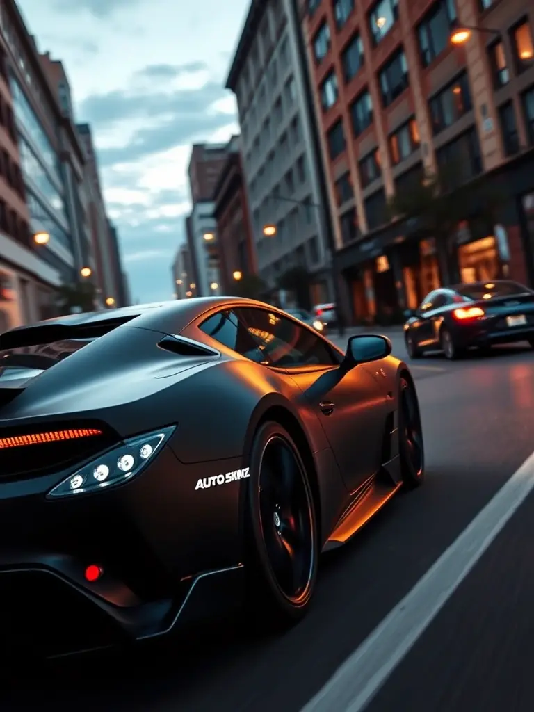 A sleek sports car wrapped in a matte black finish, in motion on a city street, showcasing AutoSkinz's color change wrap service.