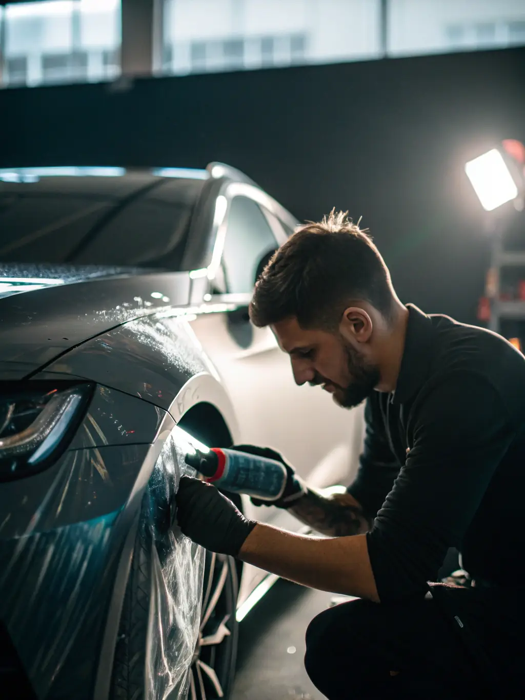 A detailed shot of paint protection film being applied to a car's hood, highlighting its transparency and the way it seamlessly integrates with the vehicle's surface.