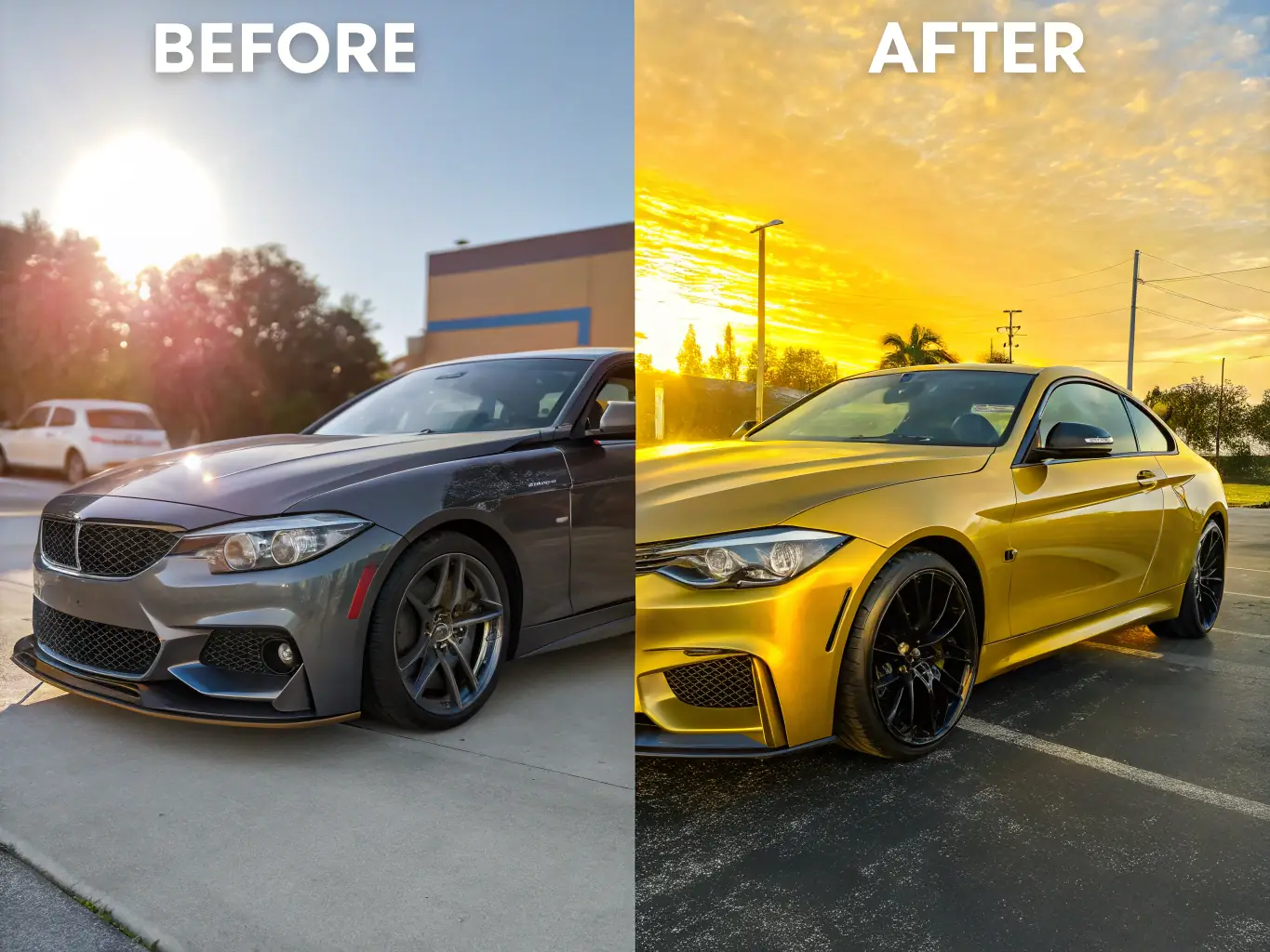 A before-and-after shot showcasing a car with a custom-designed wrap, highlighting the transformative impact of AutoSkinz's design services. The image should feature intricate details and vibrant colors, demonstrating the studio's creative capabilities.