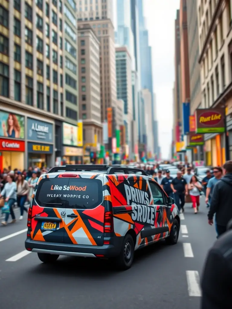 A fleet of delivery vans wrapped with vibrant branding and logos, driving through an urban area, demonstrating AutoSkinz's commercial fleet wrap capabilities.