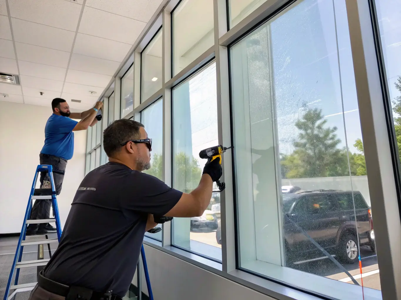 A close-up shot of a car window being tinted by a skilled technician at AutoSkinz. The image should emphasize the clarity and precision of the tinting process, showcasing the enhanced privacy and UV protection.