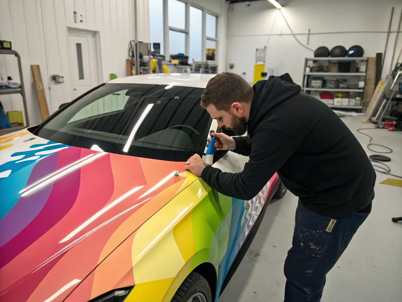 A sleek sports car undergoing a full vinyl wrap in a vibrant, eye-catching color at the AutoSkinz studio. The image should highlight the precision and quality of the wrap application, with a focus on the smooth, seamless finish.