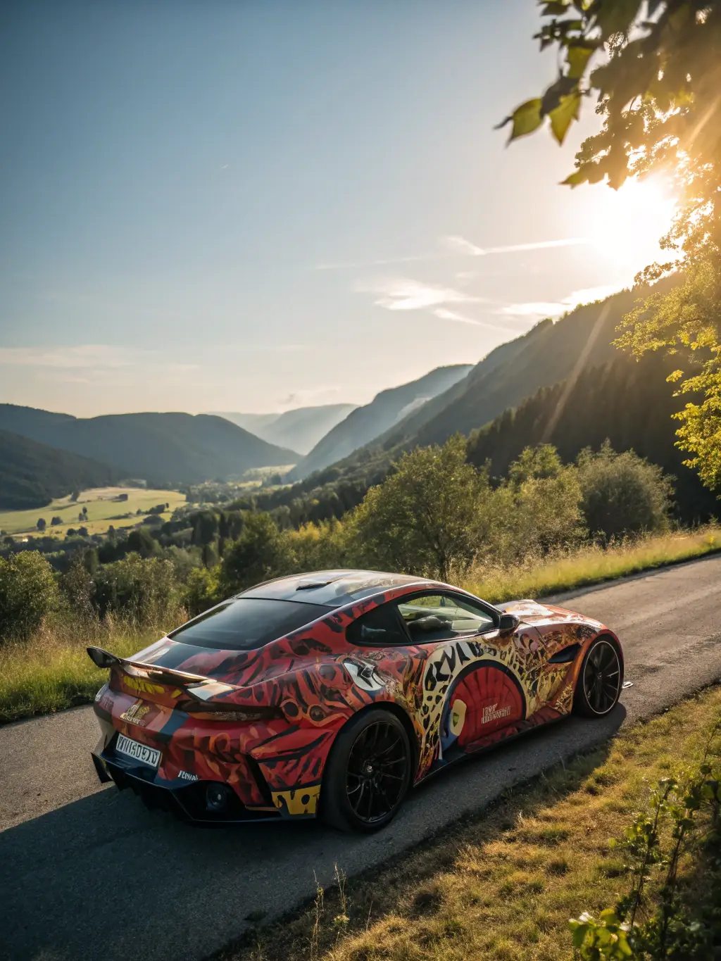 A sleek sports car with a custom-designed wrap, parked in front of the AutoSkinz studio, showcasing the studio's expertise in automotive customization and design.