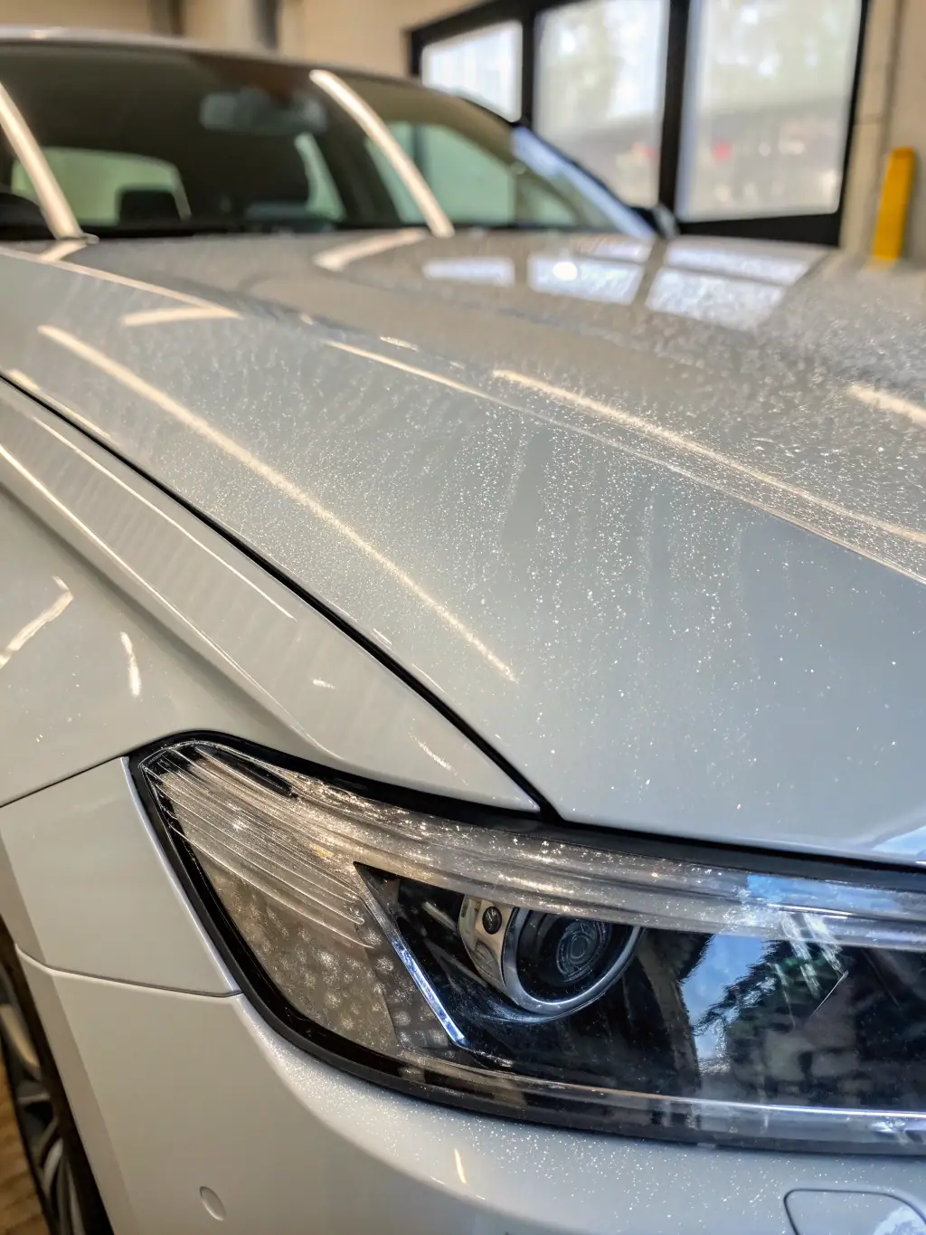 A luxury car with a glossy finish, protected by paint protection film, parked in front of a modern building, showcasing AutoSkinz's PPF service.